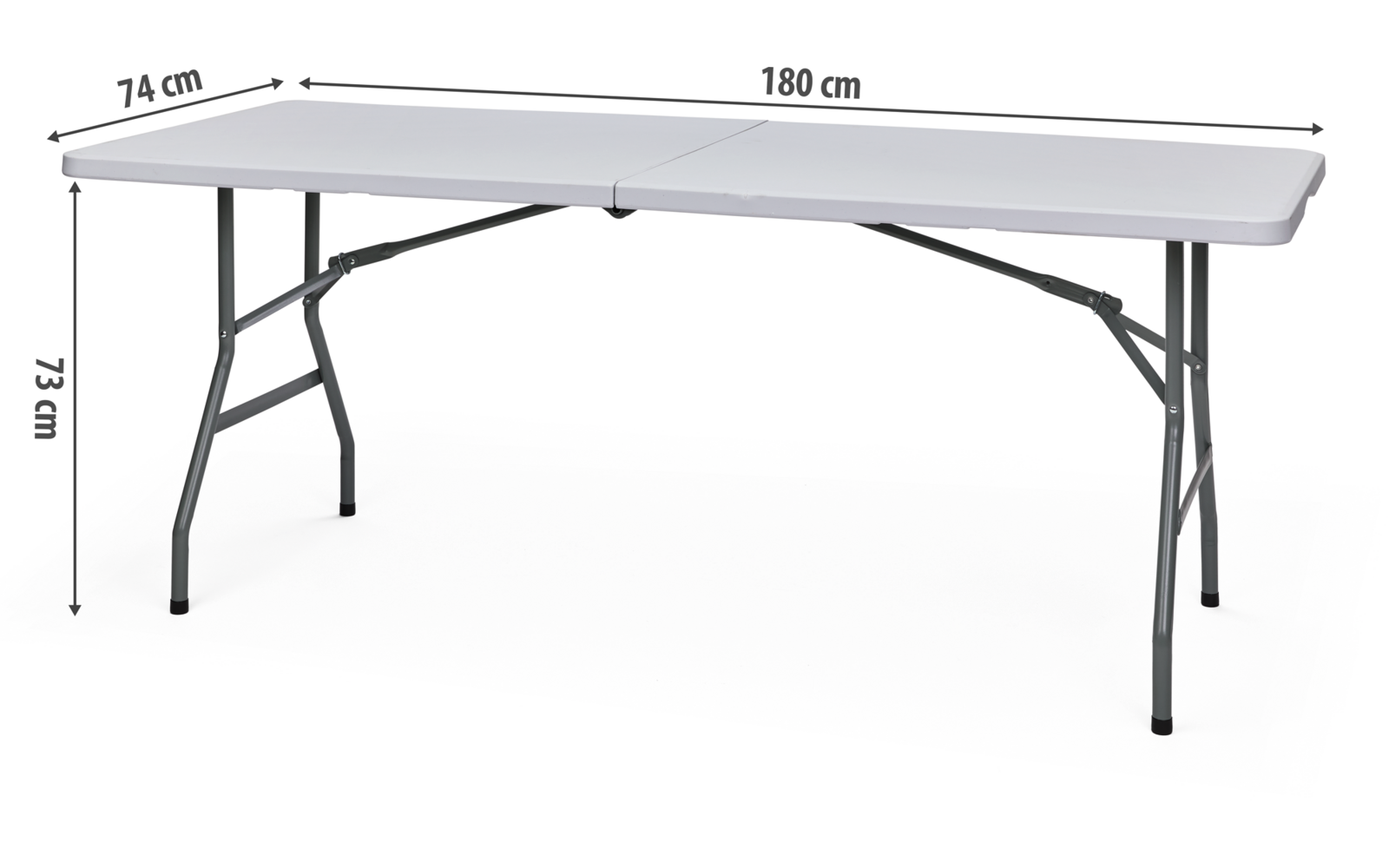 Mesa plegable blanca con patas de metal gris, dimensiones 180 cm por 76 cm