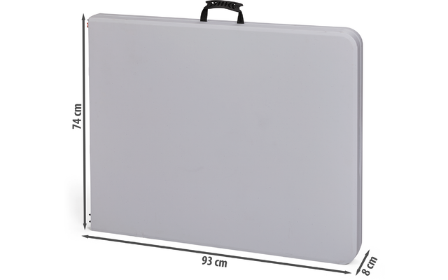 White rectangular panel with rounded corners, black carrying handle centered at top, smooth surface. Dimension labels at edges: 93 cm (width), 74 cm (height), 8 cm (depth)