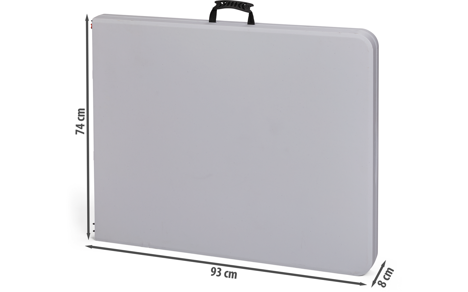 White rectangular panel with rounded corners, black carrying handle centered at top, smooth surface. Dimension labels at edges: 93 cm (width), 74 cm (height), 8 cm (depth)