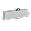 Two elongated white rectangular cases with gray edges and black carrying handles side by side; arrows showing measurements 92 cm, 28 cm and 17 cm