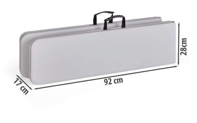 Two elongated white rectangular cases with gray edges and black carrying handles side by side; arrows showing measurements 92 cm, 28 cm and 17 cm