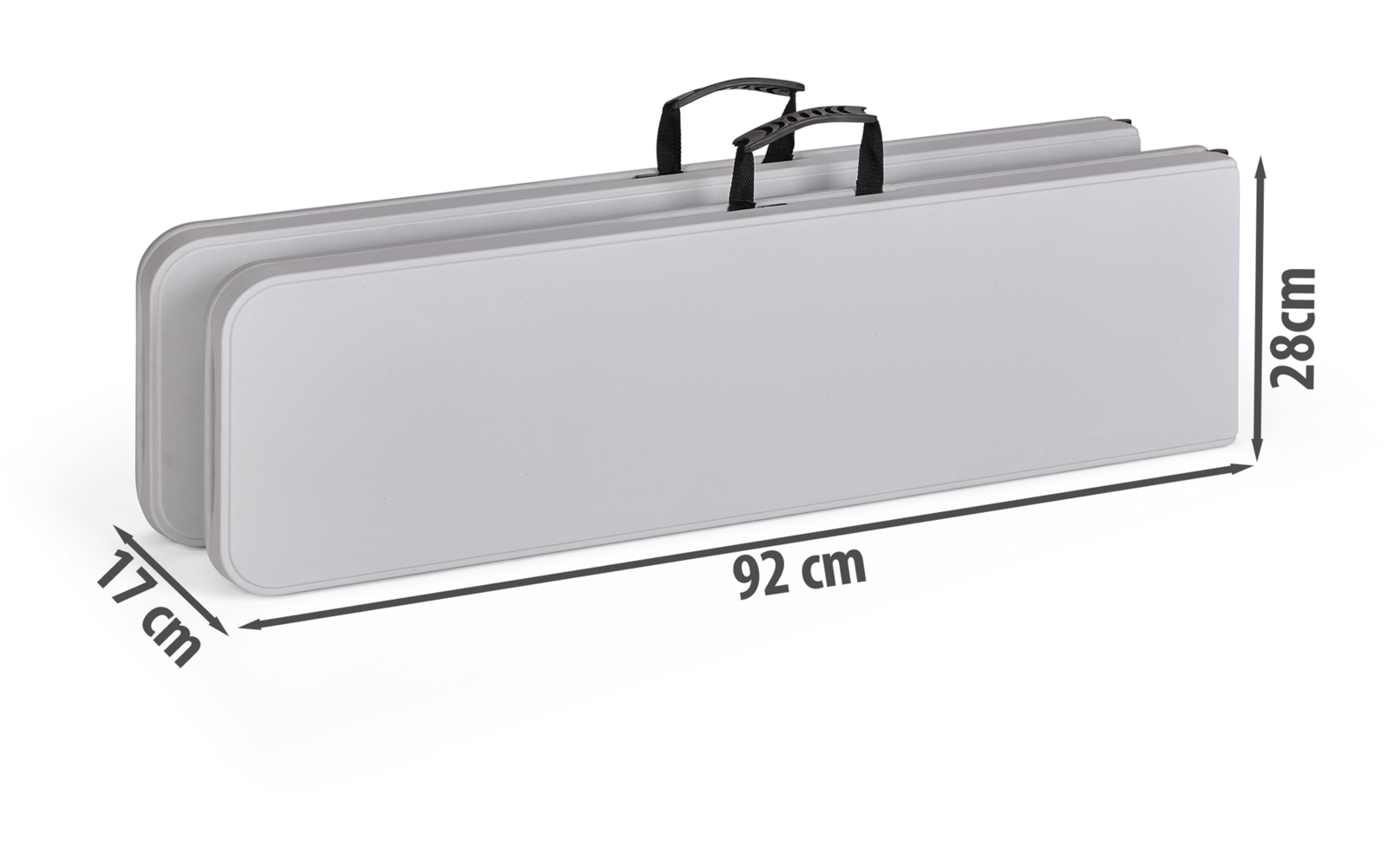 Two elongated white rectangular cases with gray edges and black carrying handles side by side; arrows showing measurements 92 cm, 28 cm and 17 cm