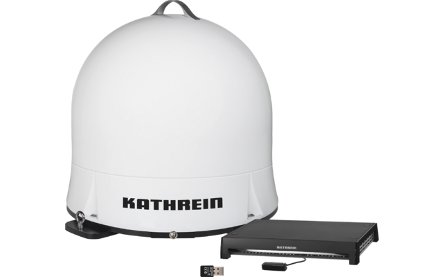 Coperchio a cupola bianco con la scritta "KATHREIN", accanto un dispositivo rettangolare nero, un piccolo telecomando e un cavo