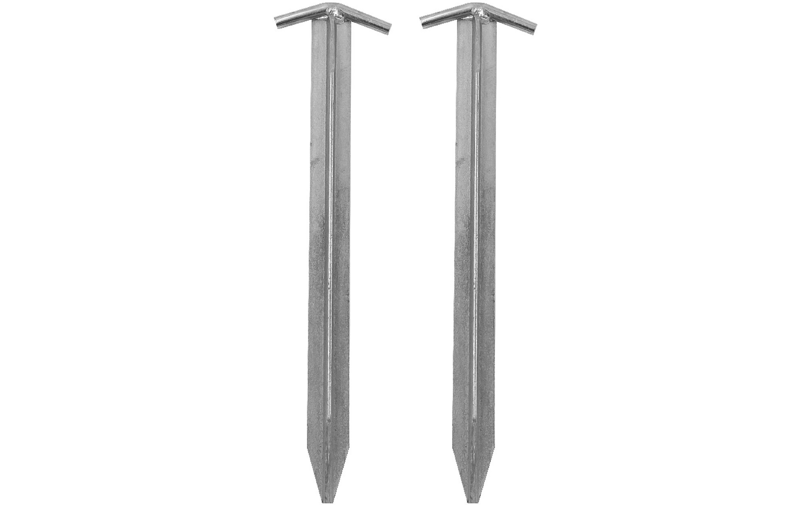 Twee lange metalen pinnen met T-vormige koppen, puntige uiteinden, verticaal naast elkaar op een witte achtergrond