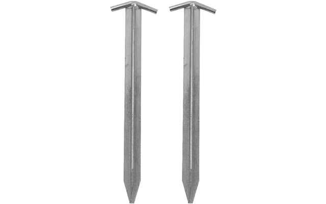 Twee lange metalen pinnen met T-vormige koppen, puntige uiteinden, verticaal naast elkaar op een witte achtergrond
