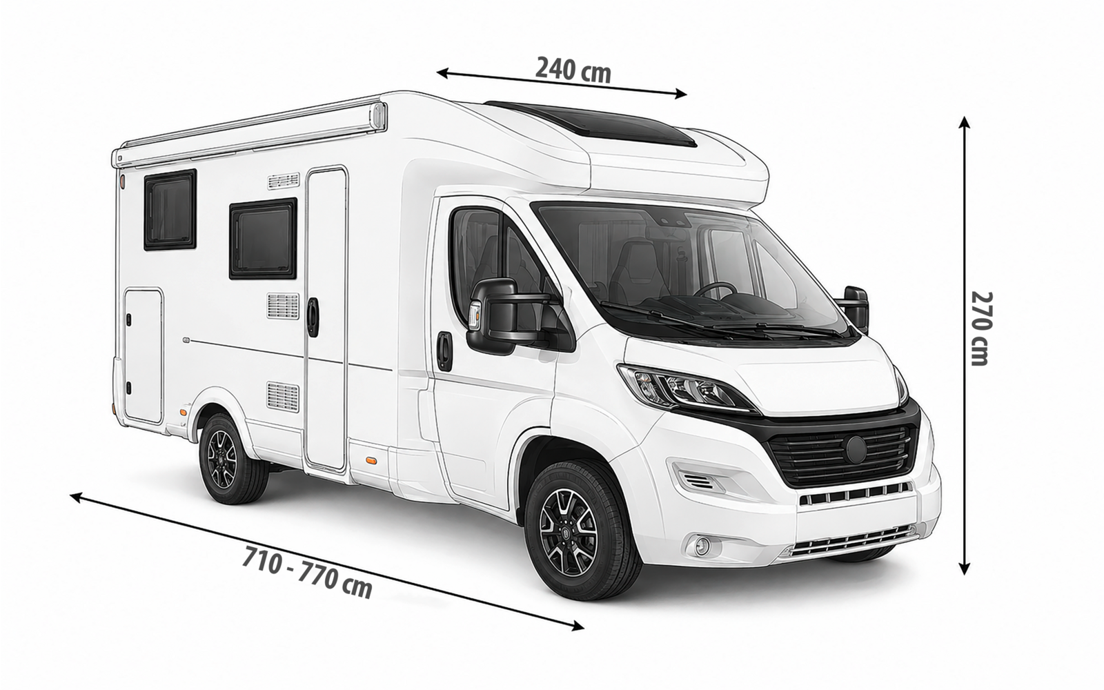 Camping-car blanc en vue trois-quarts droit avec deux fenêtres latérales, porte latérale, roues et trois flèches de dimensions : longueur 710–770 cm, toit 240 cm, hauteur 270 cm
