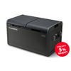 Black portable cooler with two flip lids and side handles