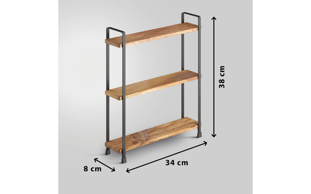 Drei waagerechte Holzbretter mit schwarzem Metallrahmen an den Seiten auf grauem Hintergrund; Maßpfeile zeigen 34 cm Breite, 8 cm Tiefe und 38 cm Höhe