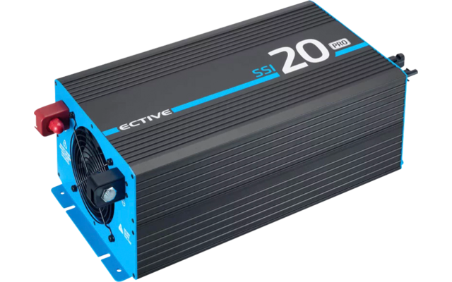 Onduleur noir et bleu avec ventilateur et ports de connexion