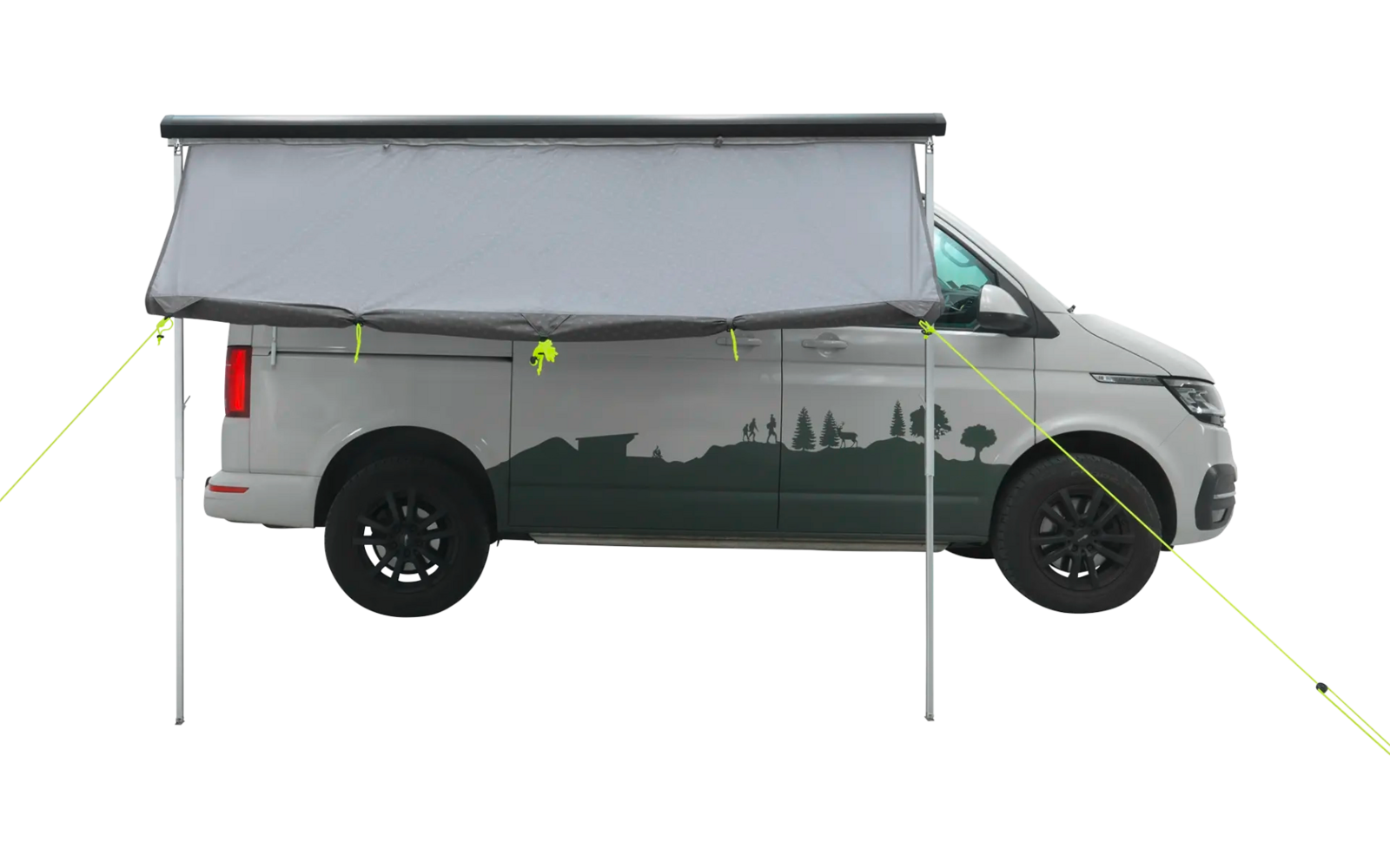 Weißes Fahrzeug mit grauem Aufbau, abgestützt auf einem Metallrahmen, auf weißem Hintergrund