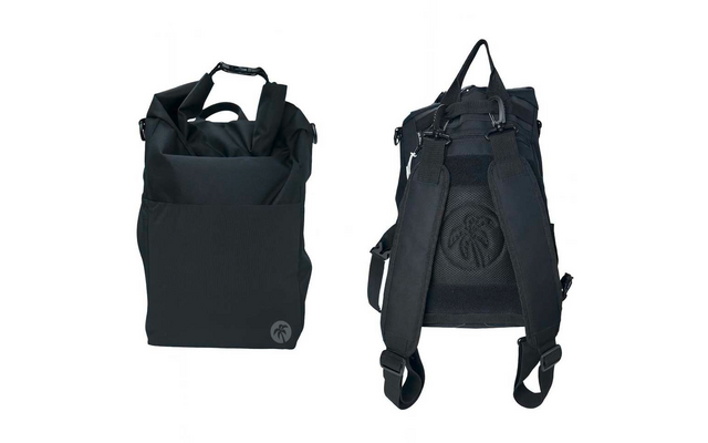 Sac à dos noir, vue de face à gauche et vue de dos à droite sur fond blanc ; face avec grande poche extérieure et petit logo rond en bas à droite ; dos avec bretelles rembourrées et panneau arrière en maille avec logo rond en relief