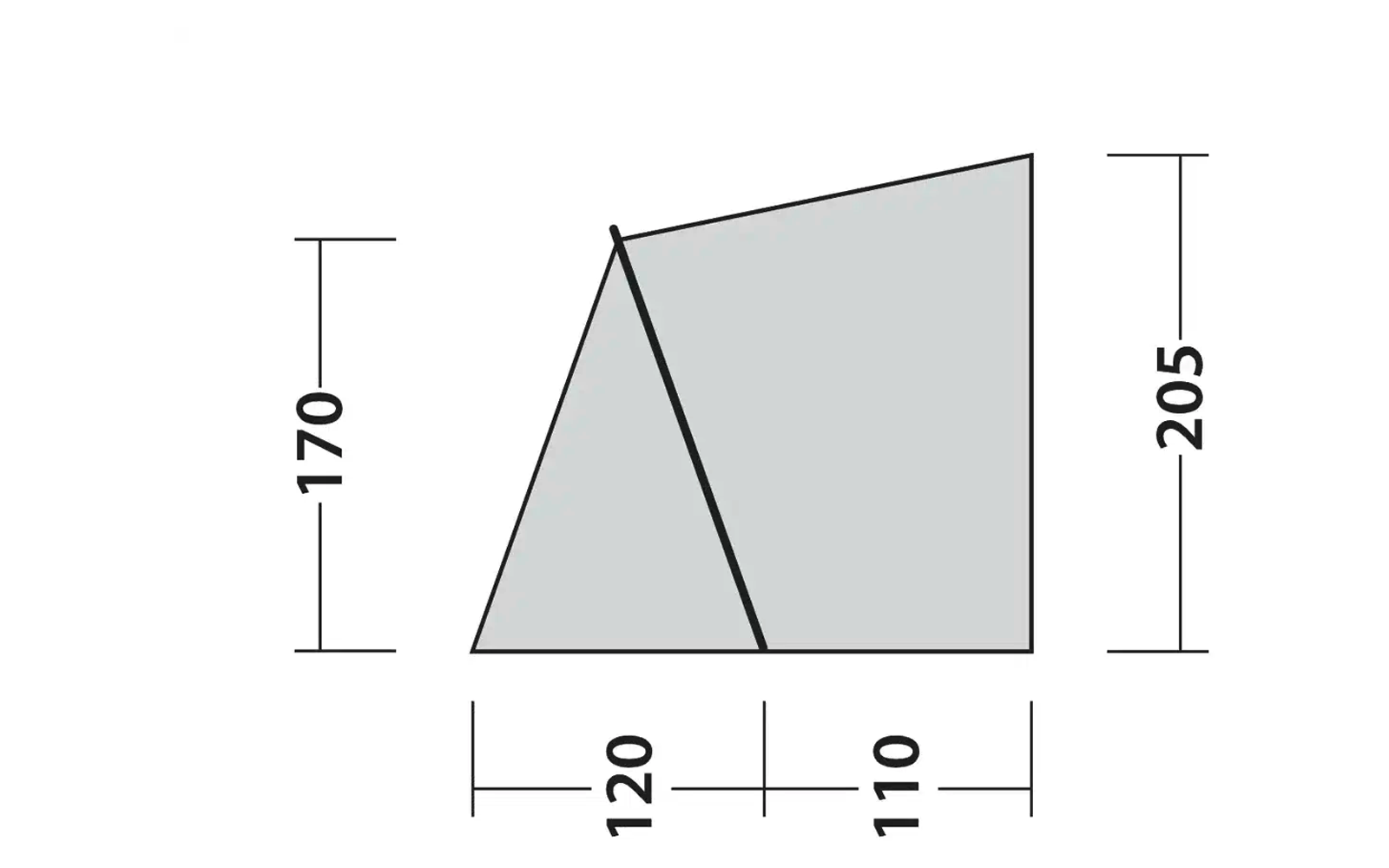 Skizze eines dreieckigen Zeltes mit Maßen, Höhe 170 cm, Breite 120 cm und Länge 205 cm
