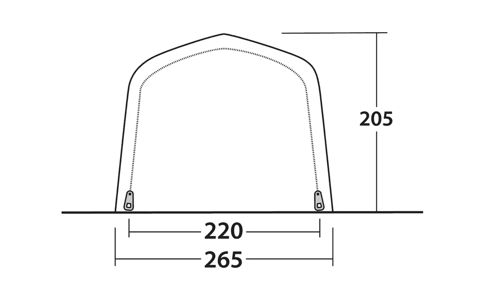 Technische Zeichnung eines U-förmigen Griffs mit den Maßen 220 mm, 265 mm und 205 mm