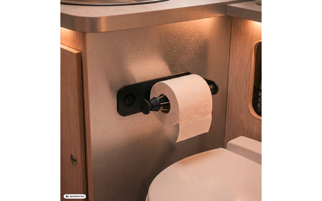 Toiletrol op een zwarte houder gemonteerd op een metalen en houten paneel naast de toiletbril
