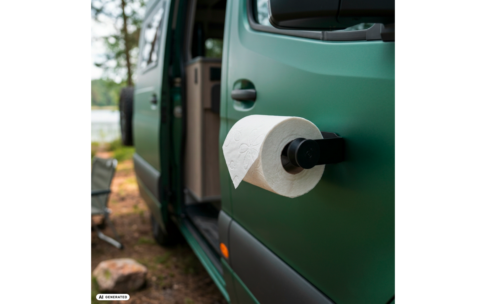 Witte toiletrol op houder bevestigd aan de open groene camperdeur; op de achtergrond bomen, een meer en een opvouwbare campingstoel