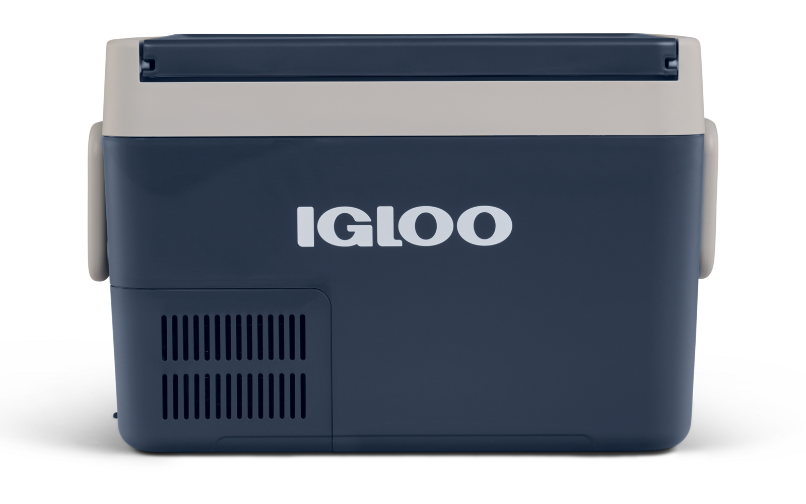 Dunkelblaue und hellgraue tragbare Kühlbox mit Schriftzug 'IGLOO' auf der Vorderseite, seitlichen Griffen und Lüftungsgitter unten links