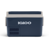 Dunkelblaue und hellgraue tragbare Kühlbox mit Schriftzug 'IGLOO' auf der Vorderseite, seitlichen Griffen und Lüftungsgitter unten links