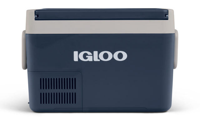 Dunkelblaue und hellgraue tragbare Kühlbox mit Schriftzug 'IGLOO' auf der Vorderseite, seitlichen Griffen und Lüftungsgitter unten links
