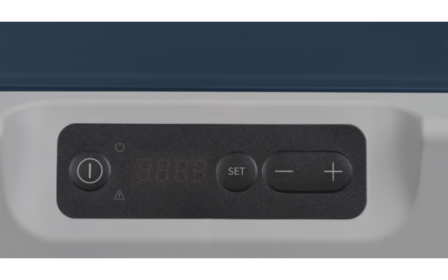 Schwarzes Bedienfeld mit Ein-/Aus-Knopf, LED-Anzeige, 'SET'-Taste und Plus-/Minus-Tasten auf weißer Oberfläche
