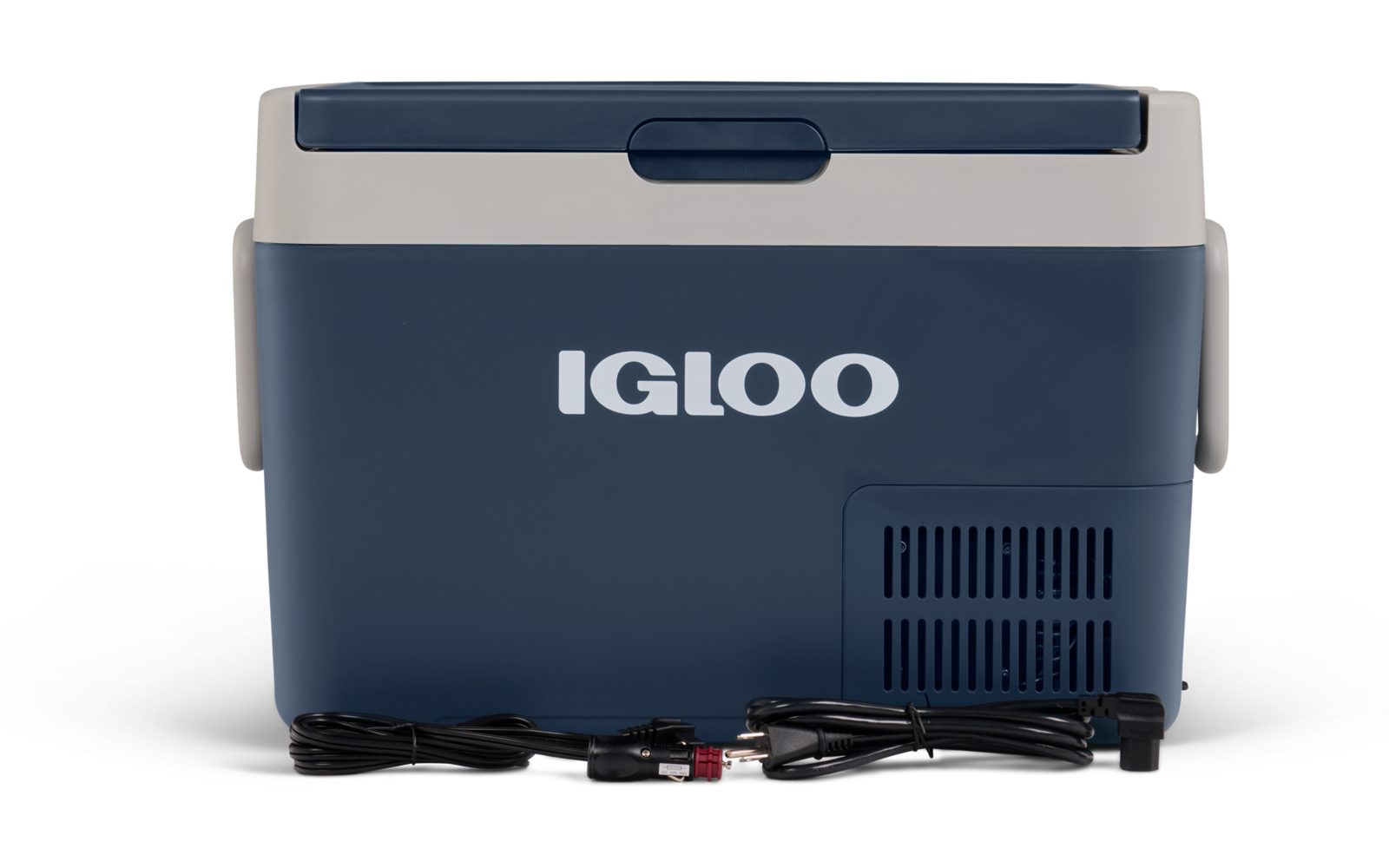 Rechteckiges blau-weißes Gehäuse mit dem Schriftzug "IGLOO" auf der Vorderseite, Lüftungsgitter unten rechts, aufgewickeltes Stromkabel an der Basis und Deckel mit eingelassener Griffmulde oben
