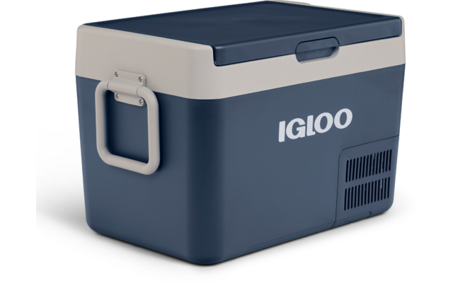 Blaue Kühlbox mit hellgrauem Deckel, seitlichem Griff, Lüftungsgitter und Aufdruck "IGLOO"