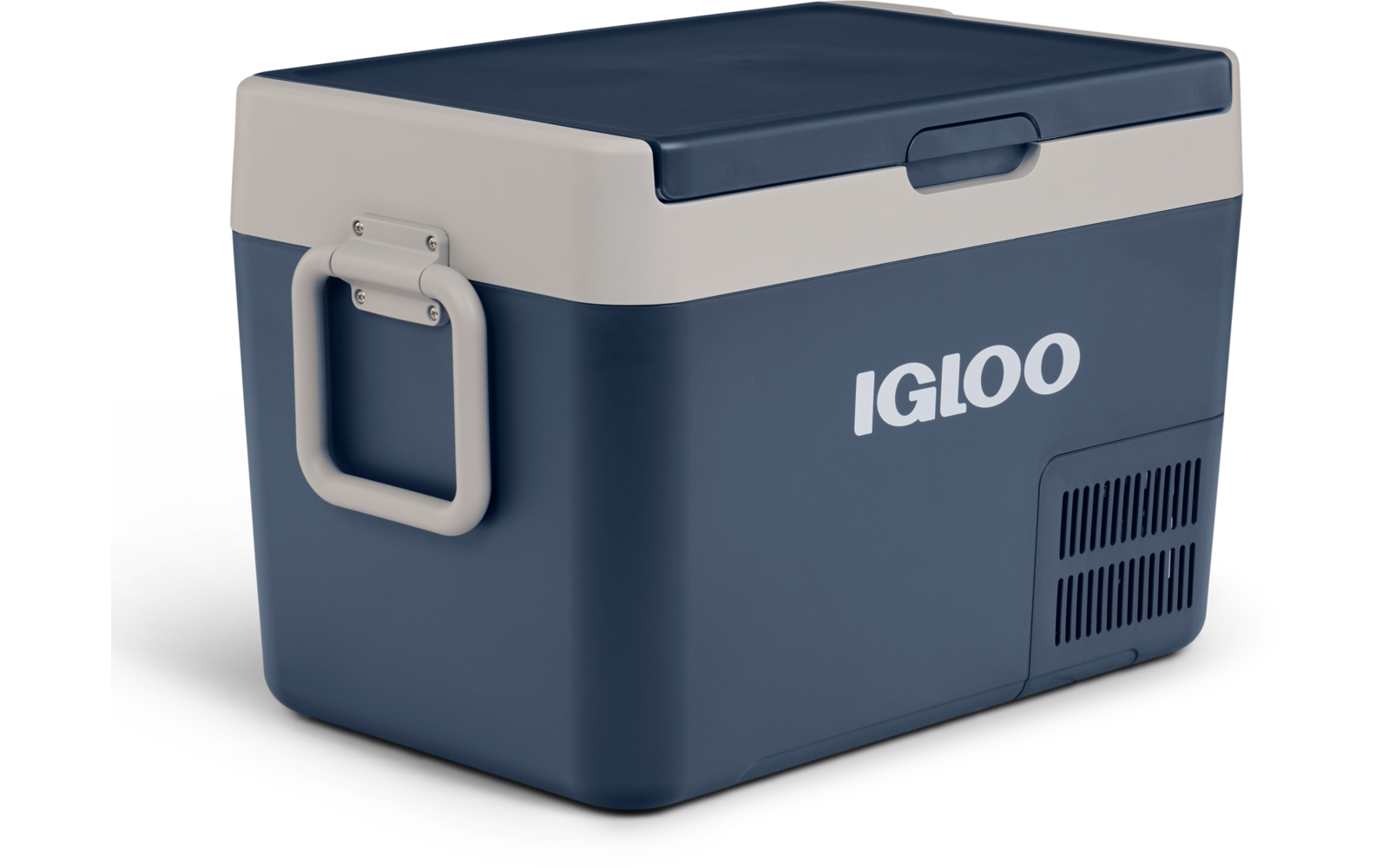 Blaue Kühlbox mit hellgrauem Deckel, seitlichem Griff, Lüftungsgitter und Aufdruck "IGLOO"