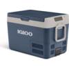 Blau-weiße Kühlbox mit Schriftzug "IGLOO", Tragegriff, Lüftungsgitter und Bedienfeld