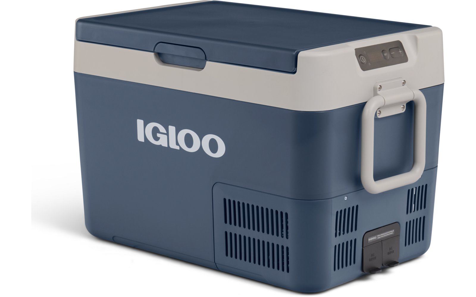 Blau-weiße Kühlbox mit Schriftzug "IGLOO", Tragegriff, Lüftungsgitter und Bedienfeld