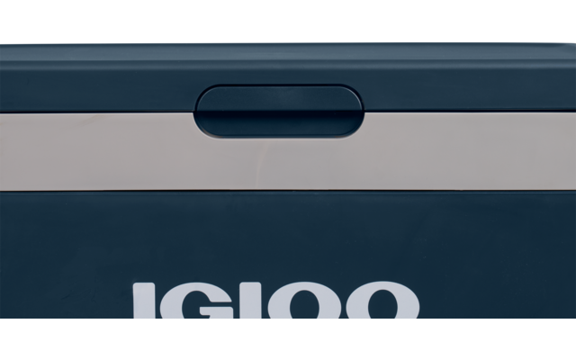 Dunkelblauer Kunststoffdeckel mit Griffmulde oben und teilweise sichtbarem weißen Schriftzug 'IGLOO' am unteren Bildrand
