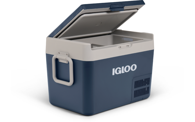 Kühlbox mit geöffnetem Deckel, dunkelblauem Gehäuse, hellgrauem Deckel, seitlichem Griff, weißer Schrift 'IGLOO' und Lüftungsgitter an der Seite