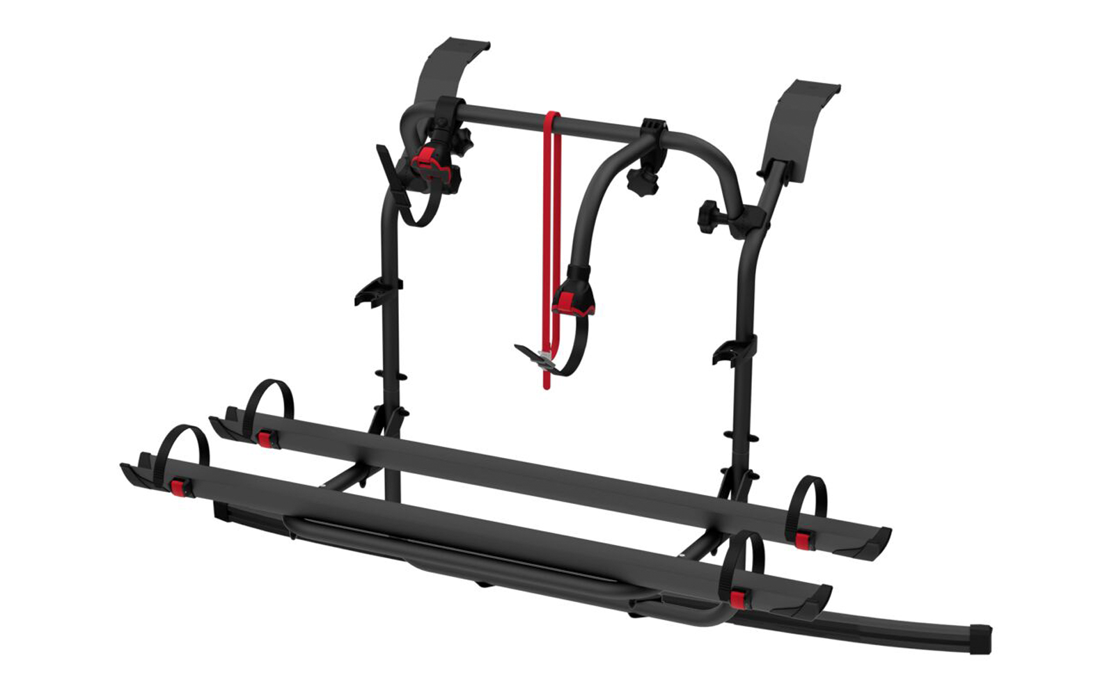 Schwarzes Metallgestell mit zwei horizontalen Schienen, gebogenen vertikalen Halterungen, schwarzen Riemen und Klammern, roten Akzenten, auf weißem Hintergrund