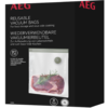 Schwarze AEG-Produktverpackung für wiederverwendbare Vakuumbeutel, Vorderseite mit AEG-Logo, Produkttext und Abbildung eines durchsichtigen Vakuumbeutels mit einem Stück rotem Fleisch, einem Rosmarinzweig und rundem Ventil