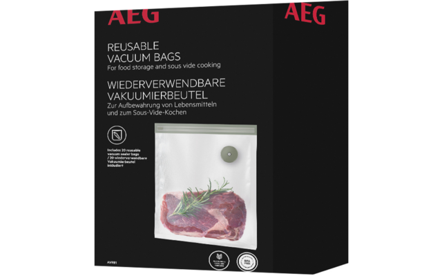 Schwarze AEG-Produktverpackung für wiederverwendbare Vakuumbeutel, Vorderseite mit AEG-Logo, Produkttext und Abbildung eines durchsichtigen Vakuumbeutels mit einem Stück rotem Fleisch, einem Rosmarinzweig und rundem Ventil