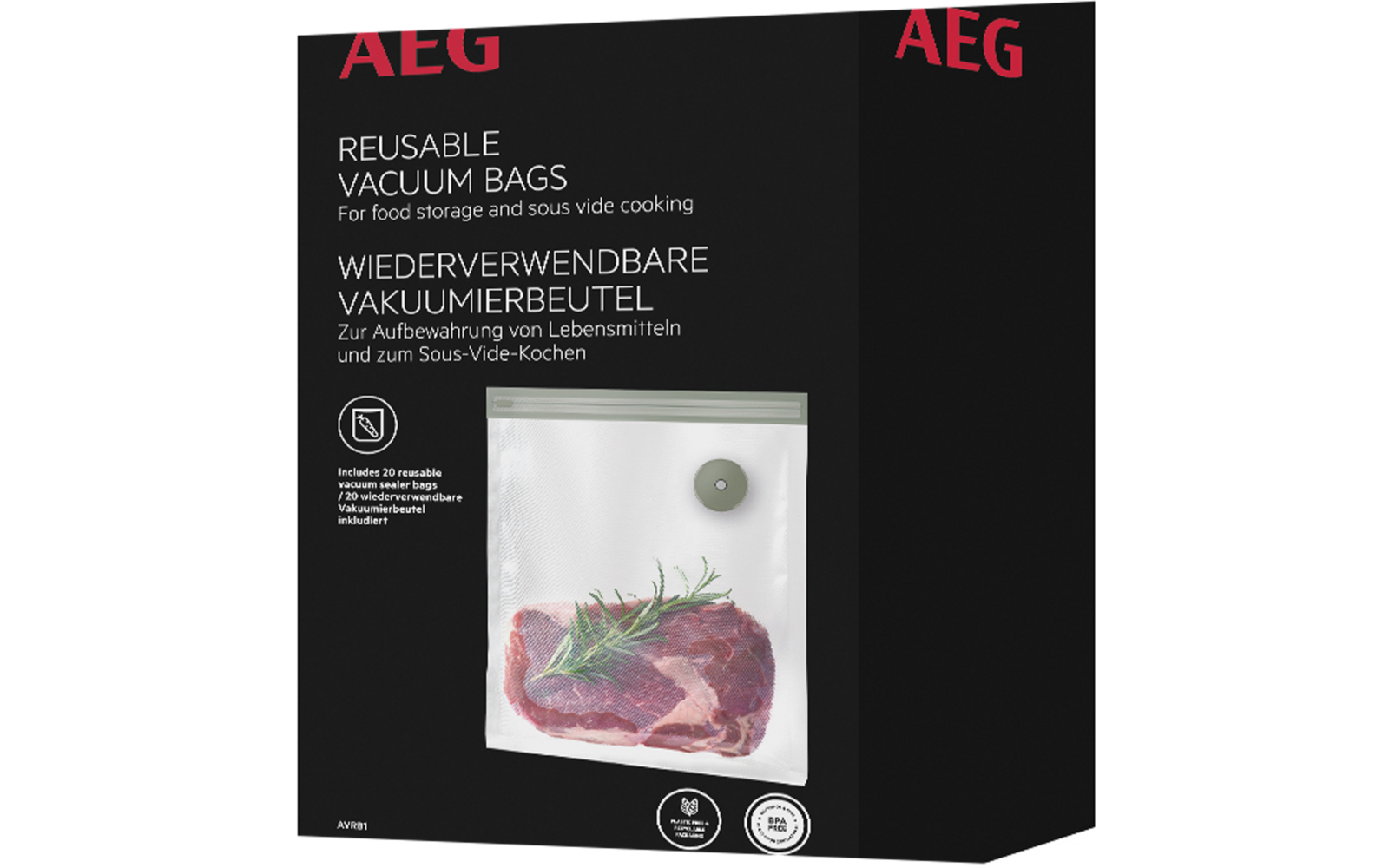 Schwarze AEG-Produktverpackung für wiederverwendbare Vakuumbeutel, Vorderseite mit AEG-Logo, Produkttext und Abbildung eines durchsichtigen Vakuumbeutels mit einem Stück rotem Fleisch, einem Rosmarinzweig und rundem Ventil