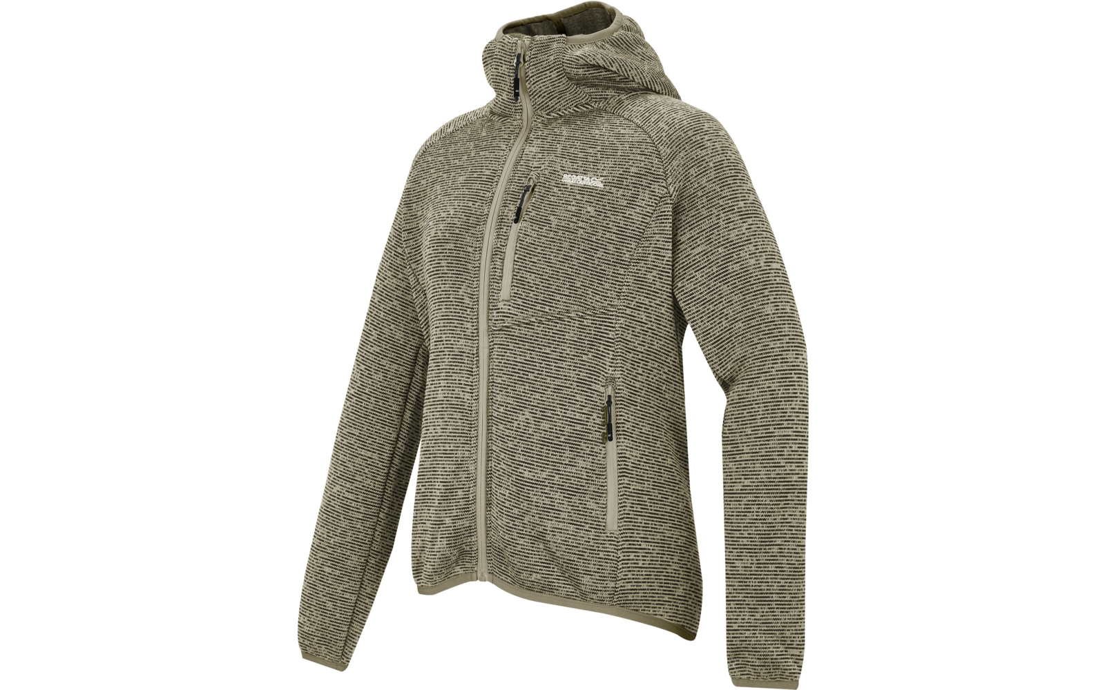 Olivegrüne, grobgestrickte Kapuzenjacke mit durchgehendem Reißverschluss, zwei seitlichen Reißverschlusstaschen, Reißverschluss-Brusttasche und weißem Logo auf der Brust