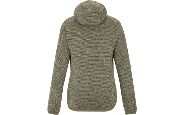 Rückenansicht eines olivgrünen, strukturierten Strickpullovers mit Kapuze und langen Ärmeln