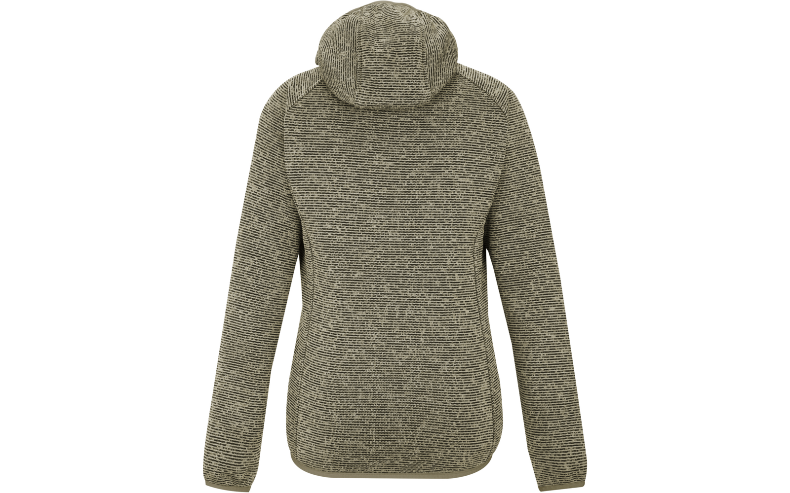 Rückenansicht eines olivgrünen, strukturierten Strickpullovers mit Kapuze und langen Ärmeln