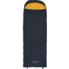 Dark blue rectangular sleeping bag with yellow-orange interior at the hood and 'TAMBU' logo at the foot