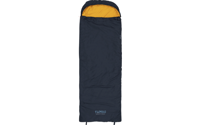 Dark blue rectangular sleeping bag with yellow-orange interior at the hood and 'TAMBU' logo at the foot