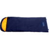 Dark blue rectangular sleeping bag with orange interior, zipper along one side and "TAMBU" logo on the front
