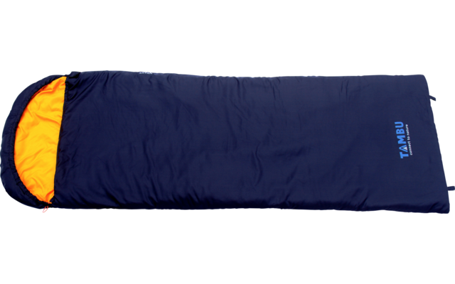 Dark blue rectangular sleeping bag with orange interior, zipper along one side and "TAMBU" logo on the front