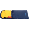 Unzipped dark blue sleeping bag with yellow lining, visible zipper, small red tag inside and light-blue logo on the outside right