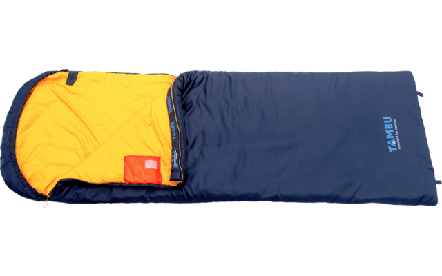 Unzipped dark blue sleeping bag with yellow lining, visible zipper, small red tag inside and light-blue logo on the outside right