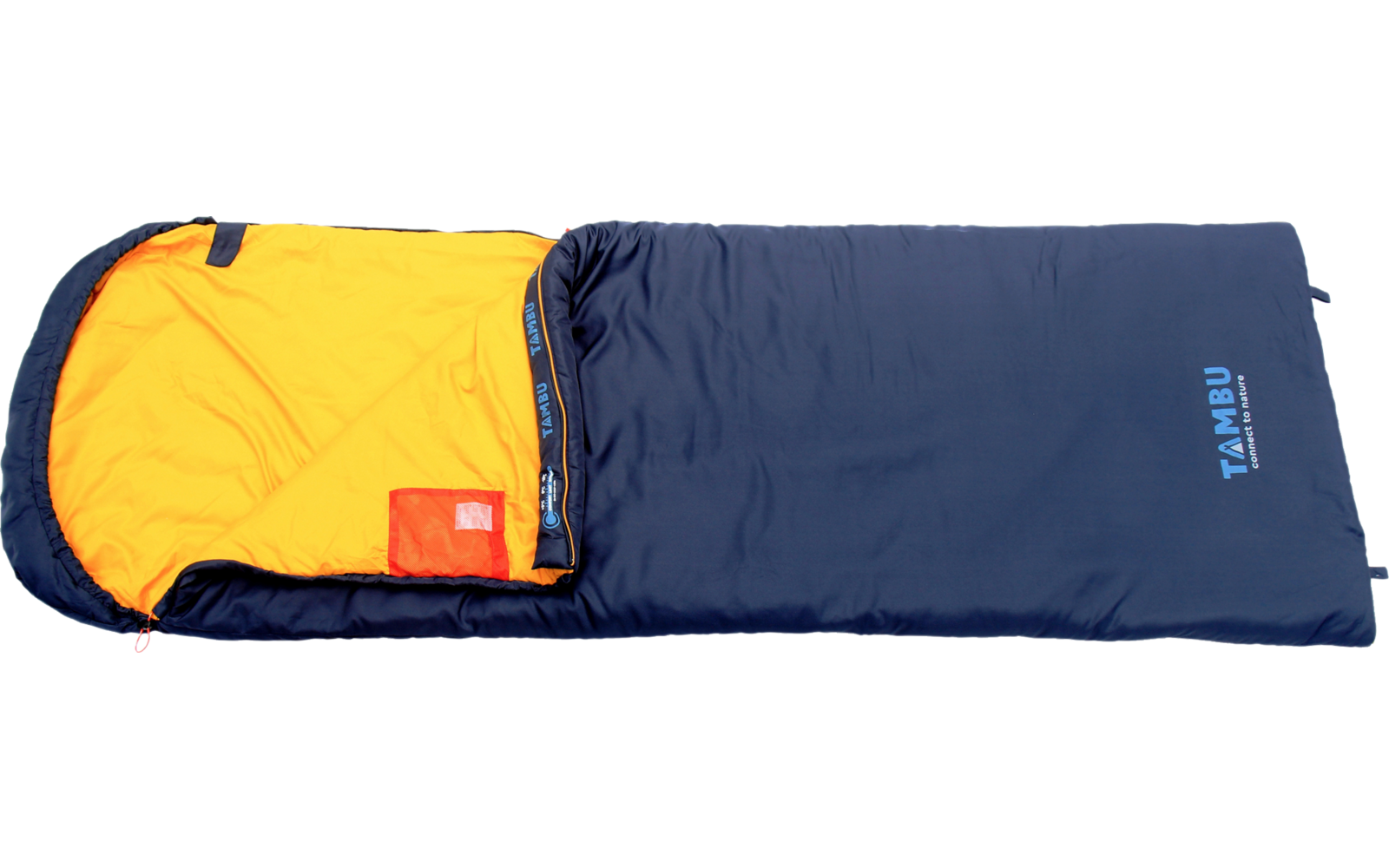 Unzipped dark blue sleeping bag with yellow lining, visible zipper, small red tag inside and light-blue logo on the outside right