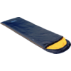 Dark blue sleeping bag with orange interior, side zipper partly open, rectangular shape with rounded hood