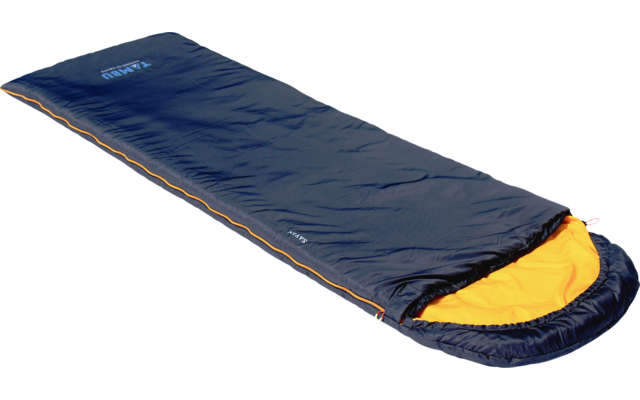 Dark blue sleeping bag with orange interior, side zipper partly open, rectangular shape with rounded hood