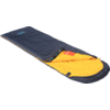 Dark blue sleeping bag with yellow interior, partially open, on white background