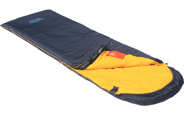 Dark blue sleeping bag with yellow interior, partially open, on white background