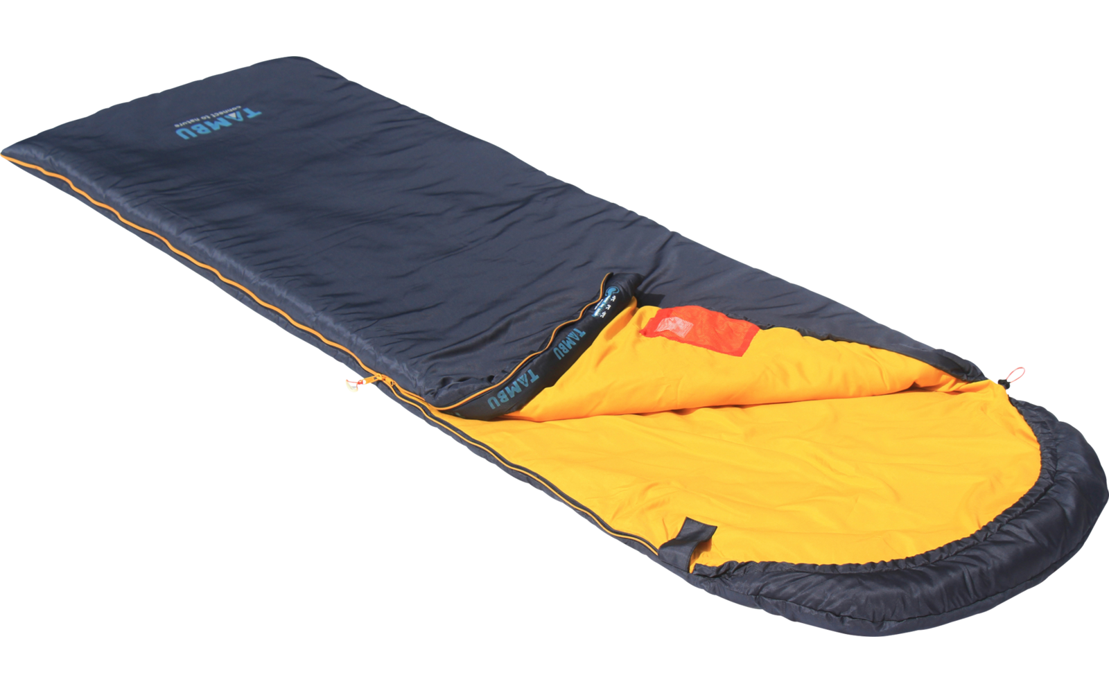 Dark blue sleeping bag with yellow interior, partially open, on white background