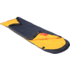 Unzipped dark gray sleeping bag with yellow lining, partially opened on a white background